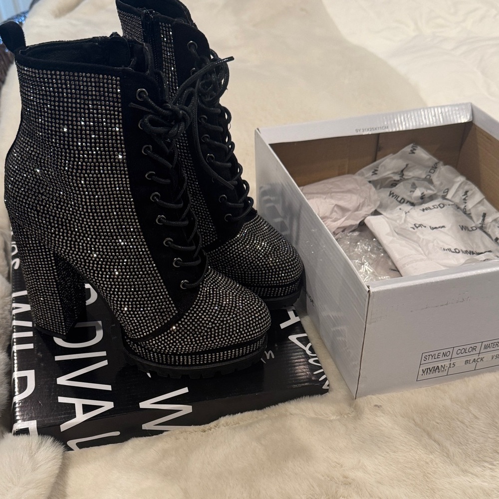 Wild Diva Black and Silver Lace Up Boots